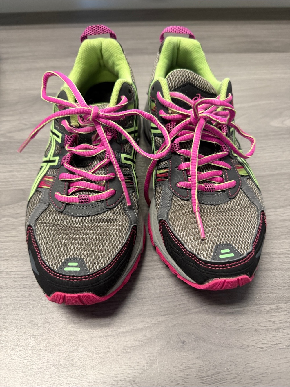 Asics Gray Athletic Shoes with Pink Laces and Lime Accents